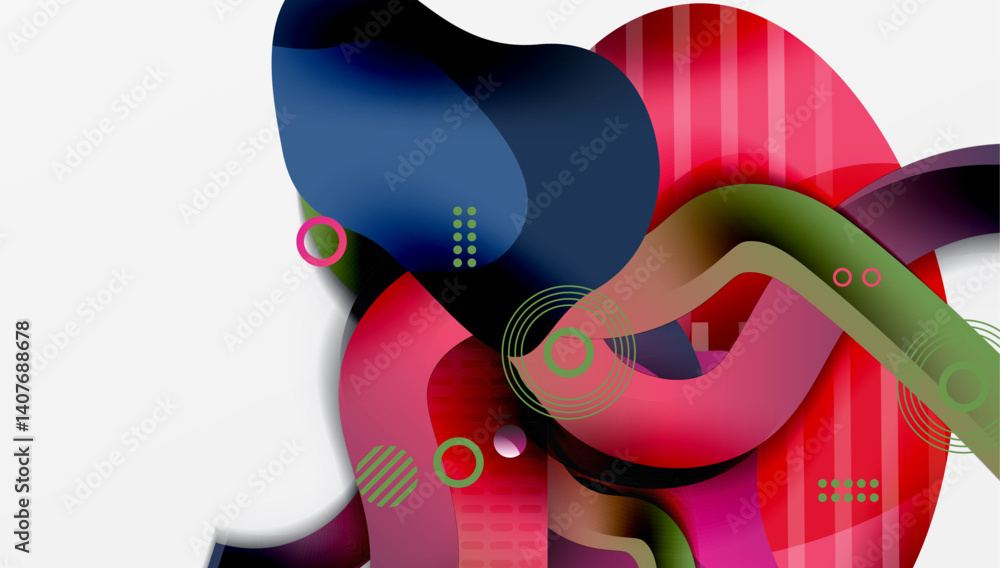 Aufkleber Abstract composition featuring overlapping colorful shapes. Fluid forms, gradients, circles, lines create dynamic visual experience. Modern design, vibrant palette.