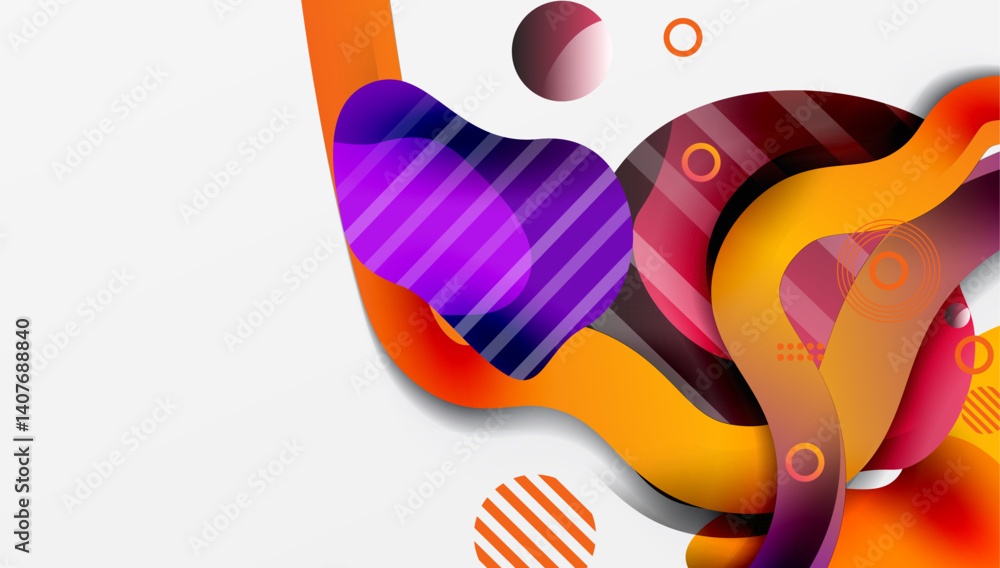 Poster abstract colorful shapes overlap, creating dynamic composition. orange, purple, red hues dominate wh
