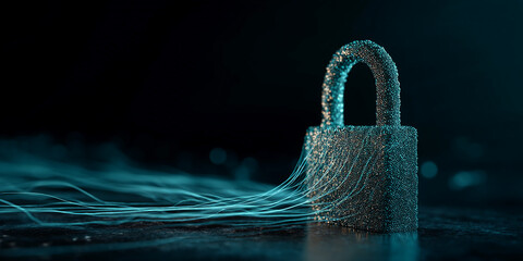 Stylized padlock composed of particles, emanating teal data streams, set against a dark background, showcasing digital security concept