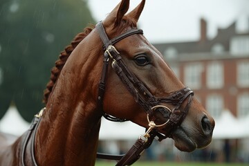 Obraz premium Elegant brown horse in a show setting under cloudy weather with event tents and a historic building in the background