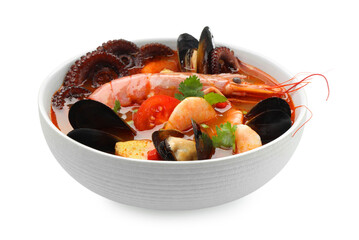 Delicious seafood soup in bowl isolated on white