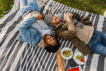 Young multiracial gay couple lying on a striped blanket at a picnic in the park, holding hands and...