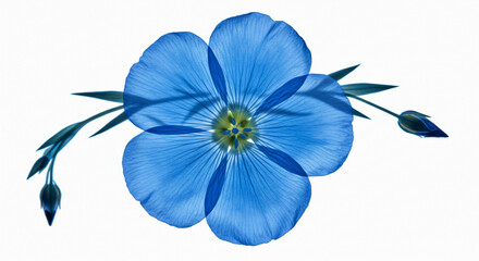 Serene blue flax flower blossom delicate petals soft light white background botanical beauty