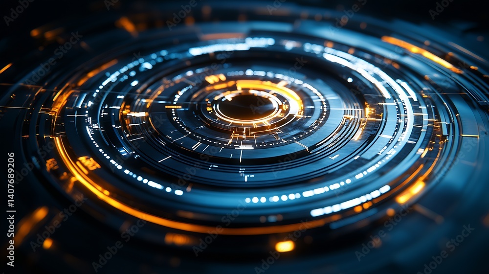 Poster Close-up view of advanced circular digital technology showcasing glowing patterns and details : Generative AI