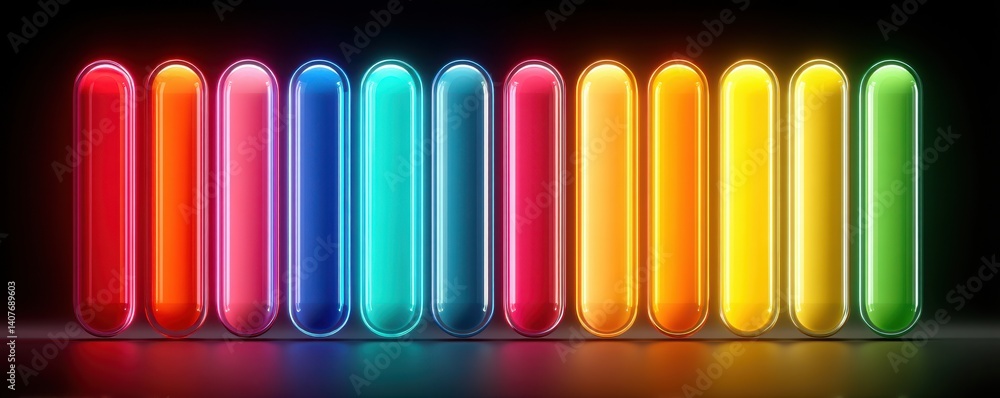 Poster vibrant test tubes filled with colorful liquids arranged in a striking pattern against a dark backgr