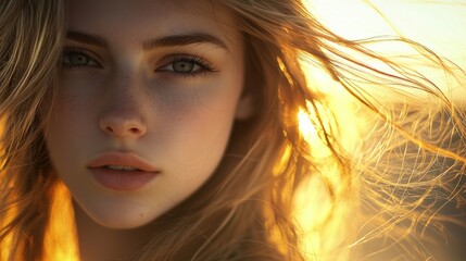 Fototapeta premium Golden Hour Portrait: A Young Woman's Beauty Illuminated by the Setting Sun