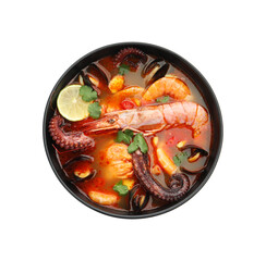 Delicious seafood soup in bowl isolated on white, top view