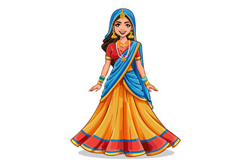 Illustration depicts a woman In traditional indian attire gracefully, Indian female in traditional saree and modern fashion clothes standing with smiles together, pretty woman with jewelry