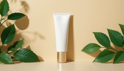Luxury Cosmetic Tube Mockup with Gold Cap and Green Leaves on Beige Background &ndash; Natural Skincare Packaging Template

