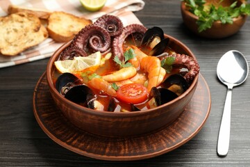Tasty seafood soup served on wooden table, closeup