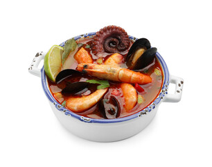 Delicious seafood soup in bowl isolated on white