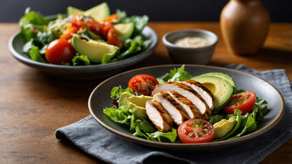 Close-up view of a healthy dish arranged neatly on a wooden table. The plate contains a fresh salad with grilled chicken, avocado, tomatoes, and other fresh ingredients.