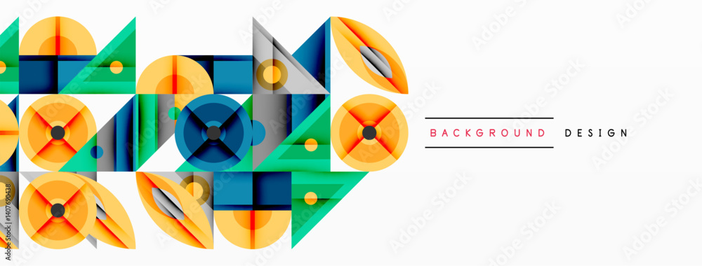 Poster Abstract geometric pattern. Overlapping shapes create dynamic composition using orange, blue, green hues. Modern design element for backgrounds, presentations.