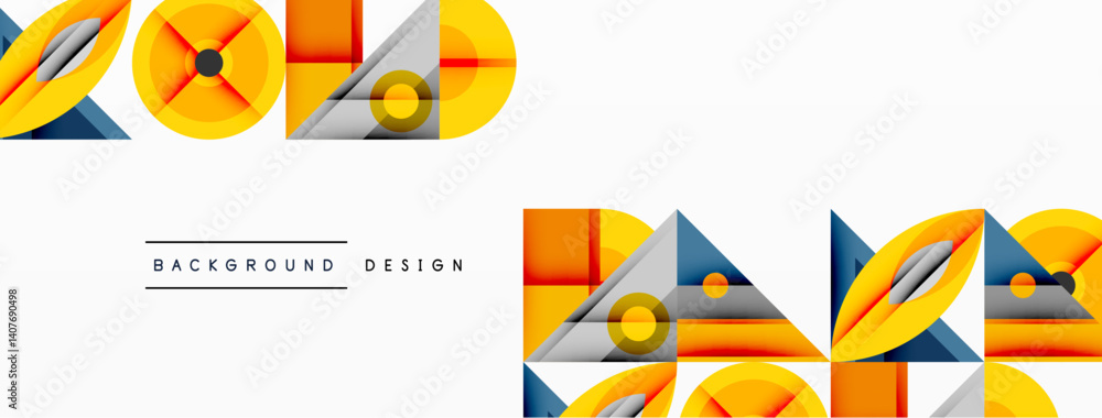 Poster Abstract geometric patterns dominate image. Orange, gray, blue shapes create dynamic composition. Modern design elements suggest background use, clean aesthetic.