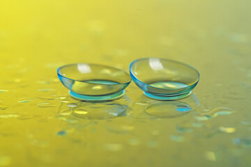 Pair of contact lenses and water drops on yellow mirror surface, closeup
