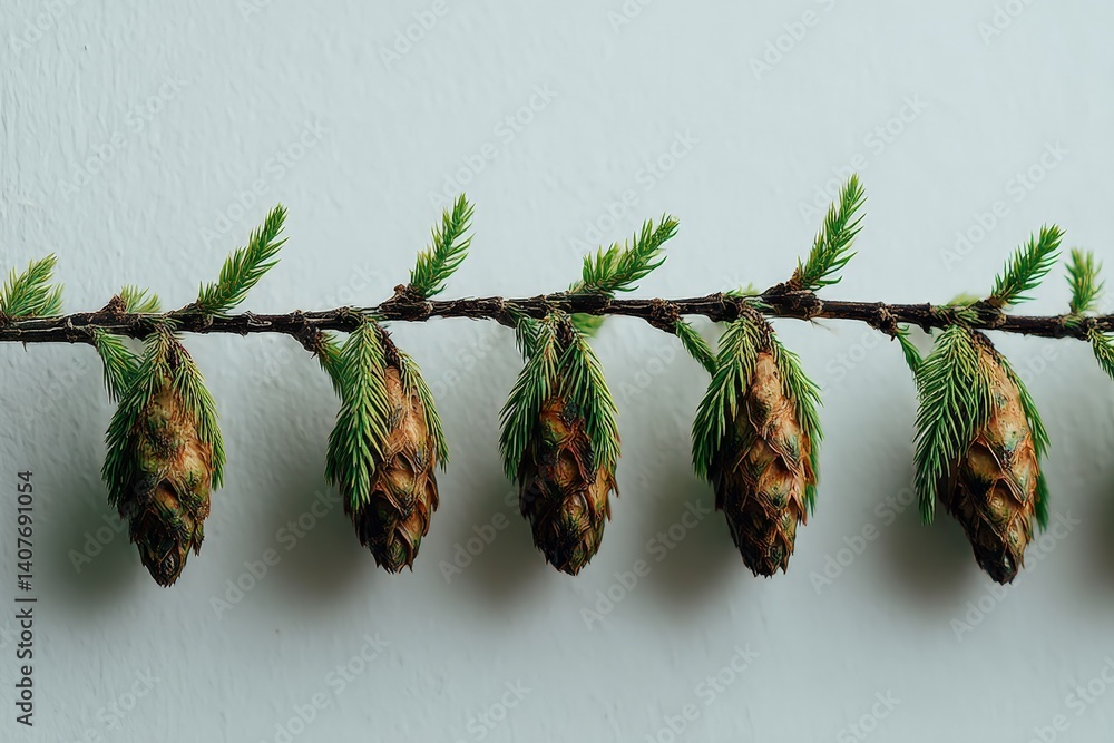Poster pine cones and fresh green sprigs aligned on a branch against a soft background in a natural setting
