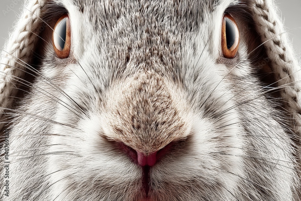 Poster close-up view of a rabbit showcasing its soft fur and expressive eyes in natural light highlighting 
