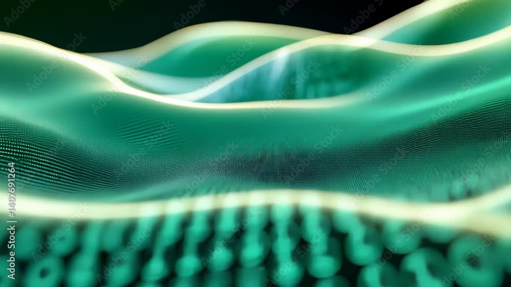 Poster abstract digital waves with binary code patterns in a futuristic tech landscape.