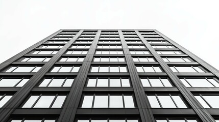 A monochrome black building with strong vertical lines, professional poster-style framing. 