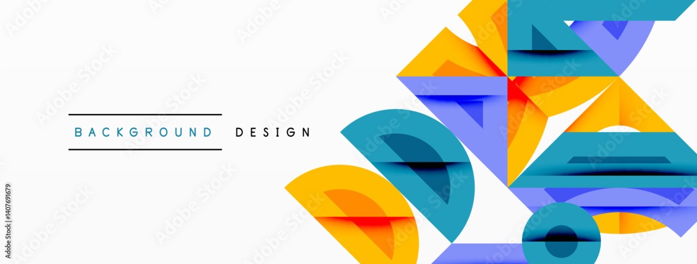 Poster Abstract geometric shapes overlap, creating dynamic composition. Bright colorsyellow, blue, purpledominate white space. Modern design element for backgrounds or presentations.