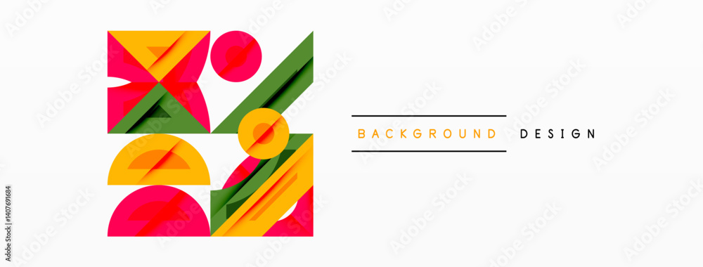 Fototapete Abstract geometric composition. Vivid shapes overlap, creating dynamic visual interest. Bright colorspink, orange, greendominate white space. Modern design element.