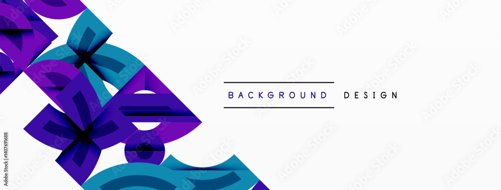 Poster abstract geometric shapes overlap, creating dynamic composition. purple, teal hues dominate design. 