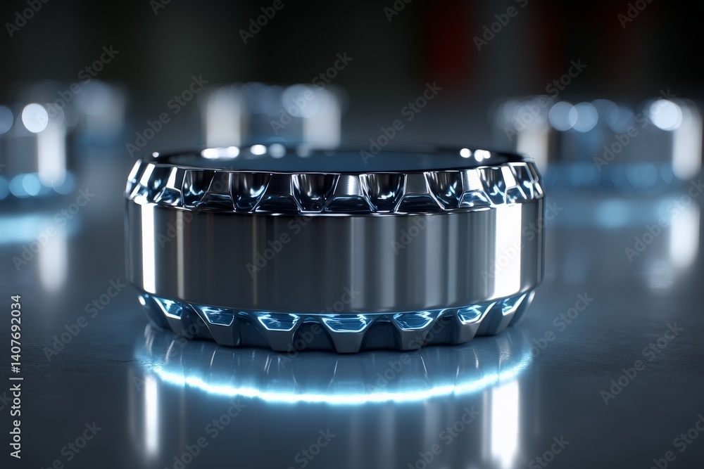 Poster shiny metallic ring illuminated with a blue glow on a reflective surface in a dark environment showc