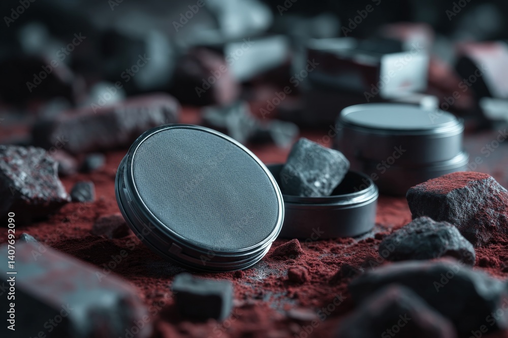 Poster compact makeup containers surrounded by crushed rocks and red powder create a dramatic setting in a 