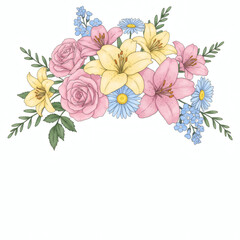 Fototapeta premium Colorful floral arrangement featuring roses and lilies 