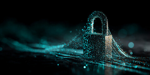 Dark teal particles form a padlock, resting on a flowing particle stream.  It symbolizes digital security, data protection, and online privacy.  Free space for text
