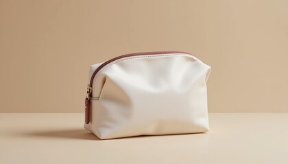 Minimalist White Cosmetic Pouch Mockup on Beige Background &ndash; High-Resolution Branding Template