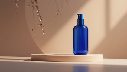 Blue Cosmetic Toner Spray Bottle Mockup on Beige Background &ndash; Minimalist Skincare Packaging Concept