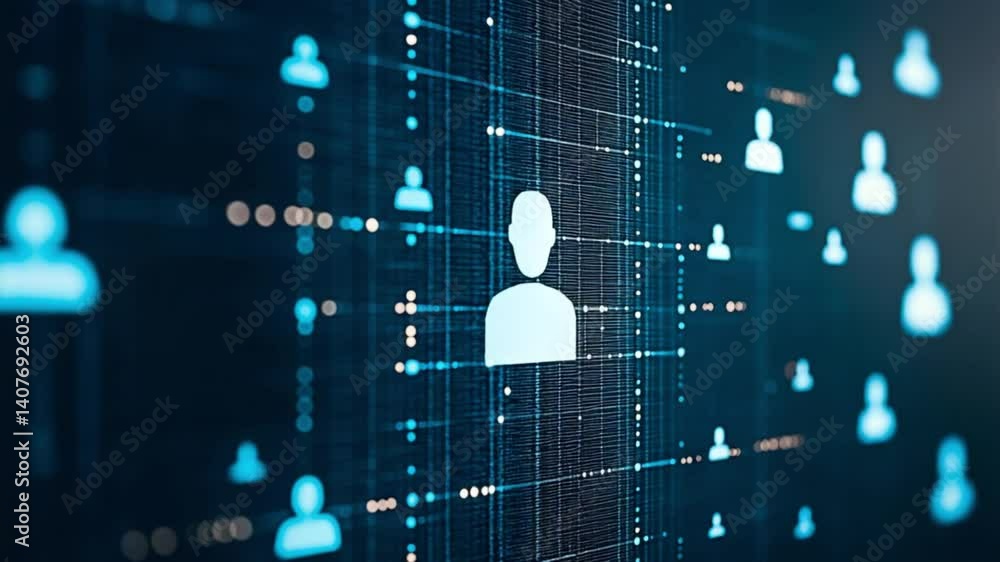 Poster a glowing digital avatar icon pulses across a virtual data network. concept of online identity and d