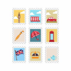 collection of postage stamps on theme of England and London.