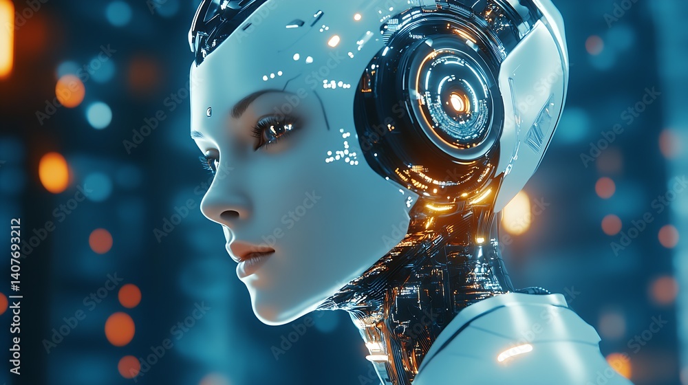 Poster Elegant female android with futuristic features and captivating robotic design set against bright backdrop : Generative AI