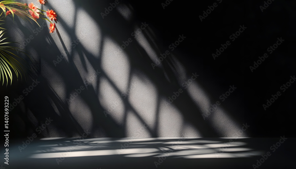 Poster abstract studio black background for product presentation. empty room with shadows of window and flo
