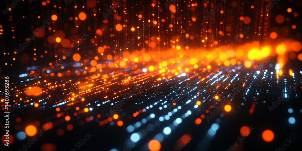 Poster Dynamic and colorful representation of flowing lights in shades of orange and blue creating a tech-inspired background : Generative AI