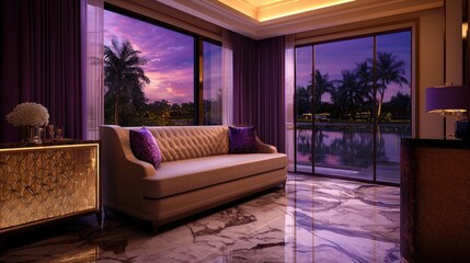 Luxurious living room with sunset view, purple accents, and marble floors