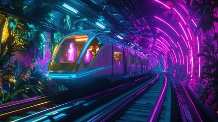 Fototapeta premium Futuristic train traveling through a vibrant neon-lit subway tunnel at night in a modern city