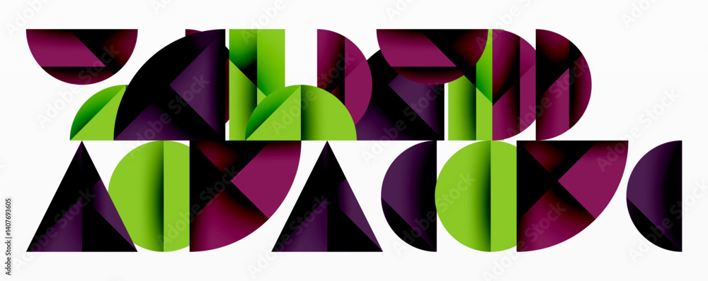 Aufkleber Abstract geometric composition. Shapes overlap, creating dynamic visual effect. Purple, green hues dominate design. Modern, artistic presentation.