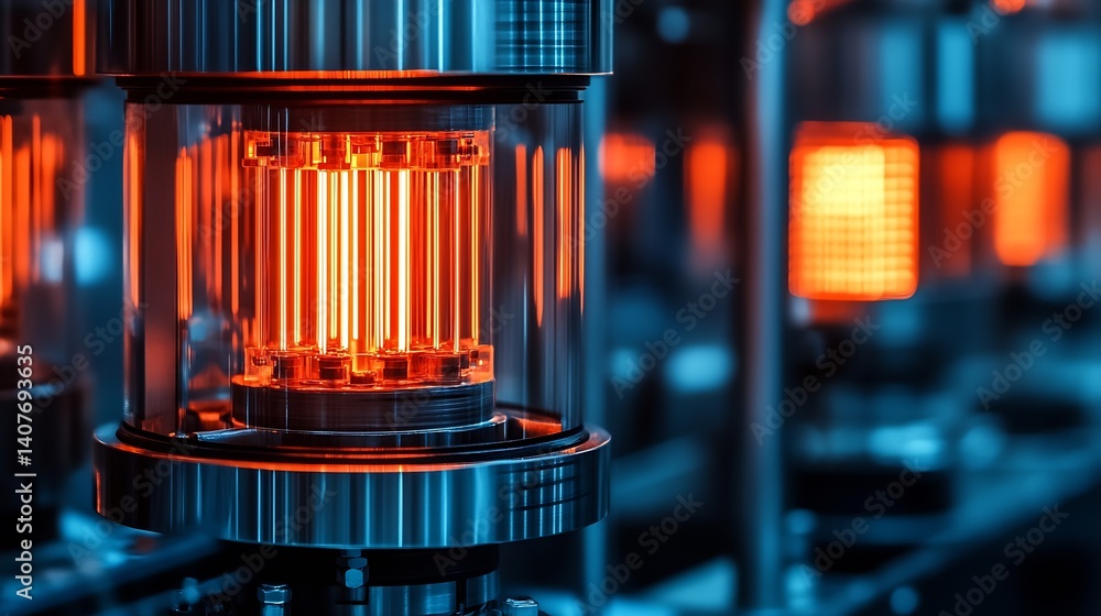 Poster intricate close-up of a modern electronic system featuring glowing orange tubes and high-tech compon