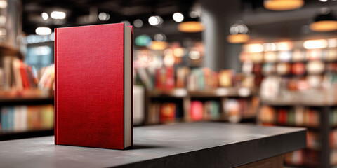 Red book mockup on gray surface, blurred bookstore background, showcasing blank cover for text or design, ideal for publishing or reading concepts