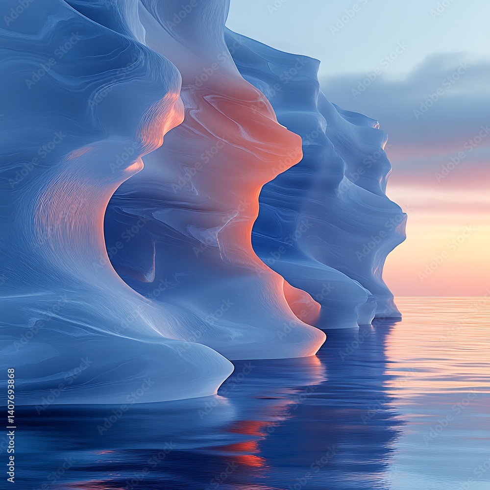Poster enchanting ice formations reflecting the soft hues of sunset on tranquil waters : generative ai