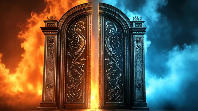 Heaven paradise and fiery hell gates choice. Door to heaven and hell. Good and evil, light and darkness