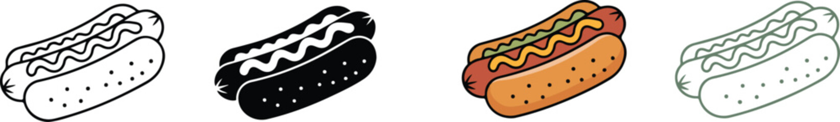  Set of Hot Dog Icons - Different Color Designs of Hot Dog with Toppings