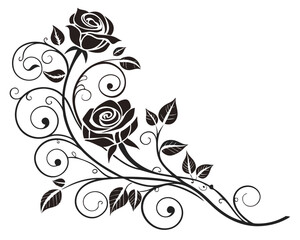 Elegant Decorative Floral Design Featuring Stylized Roses and Leaves in Black and White
