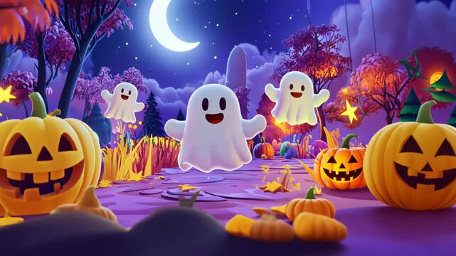 A Halloween scene with ghosts and pumpkins. The ghosts are smiling and the pumpkins are carved with faces