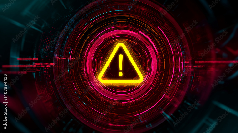 Poster abstract image of a yellow warning sign in a glowing red and pink circular digital interface, symbol