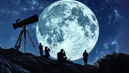 A group of people are looking at a large moon through a telescope. The scene is set at night, with the moon shining brightly in the sky. The people are gathered around the telescope