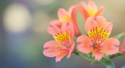 Fototapeta premium Delicate peach Alstroemeria flowers bloom soft light blurred background nature s gentle beauty